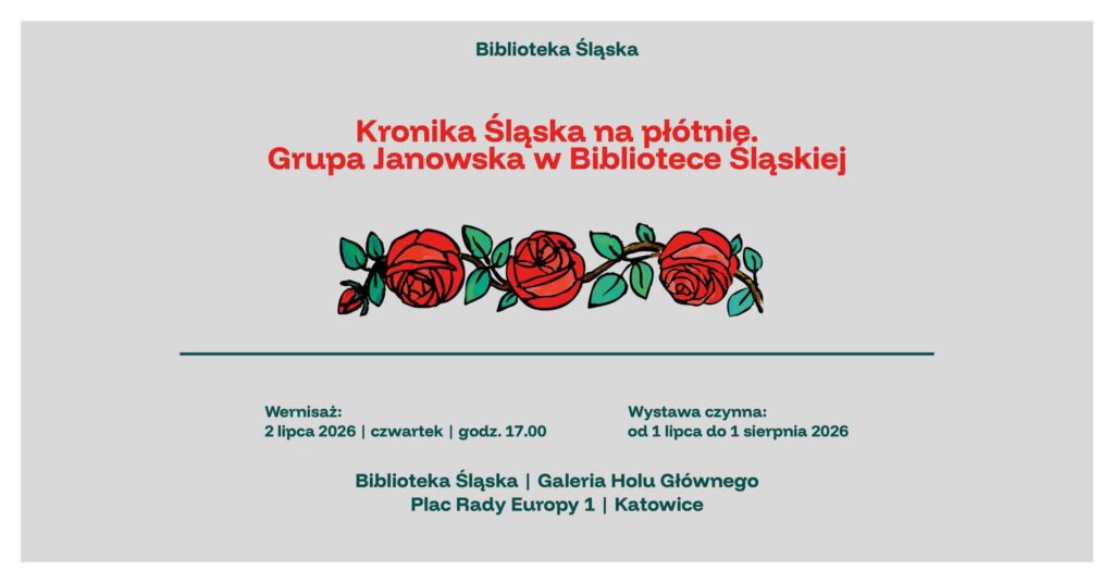 Pozioma grafika - tło szare, na środku niezbyt duże ilustrowane 3 róże wraz z zielonymi liśćmi. Poza tym zielone i czerwone napisy zgodne z opisem wydarzenia.
