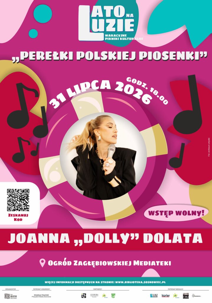 Plakat - tło różowo czerwone )różne kształty), na środku kształt koła ratunkowego (różowo beżowego), w środku koła portret kobiety ubranej na czarno, z jasnymi długimi włosami, trzymającej mikrofon, mającej zamknięte oczy.