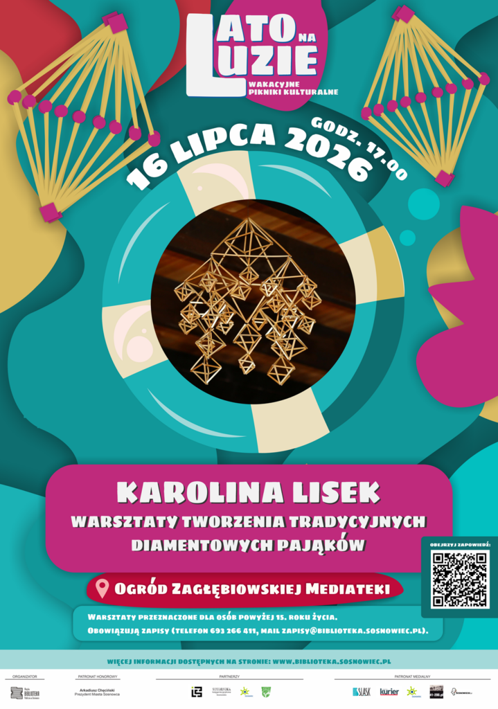 Plakat, którego tło zrobione jest głównie z kształtów przede wszystkim w odcieniach turkusu, niektóre w kolorze różowym lub musztardowym. Na środku plakatu koło ratunkowe (turkusowo - beżowe) a w jego środku ozdoba - prawdopodobnie diamentowy pająk wykonany ze złotych kwadratów, rombów itd.