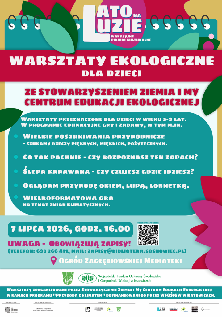 Kolorowy plakat - dużo ramek, turkusowych, różowych, białych itd, kształty przypominające liście itd. Poza tym białe i czerwone napisy zgodne z opisem wydarzenia.