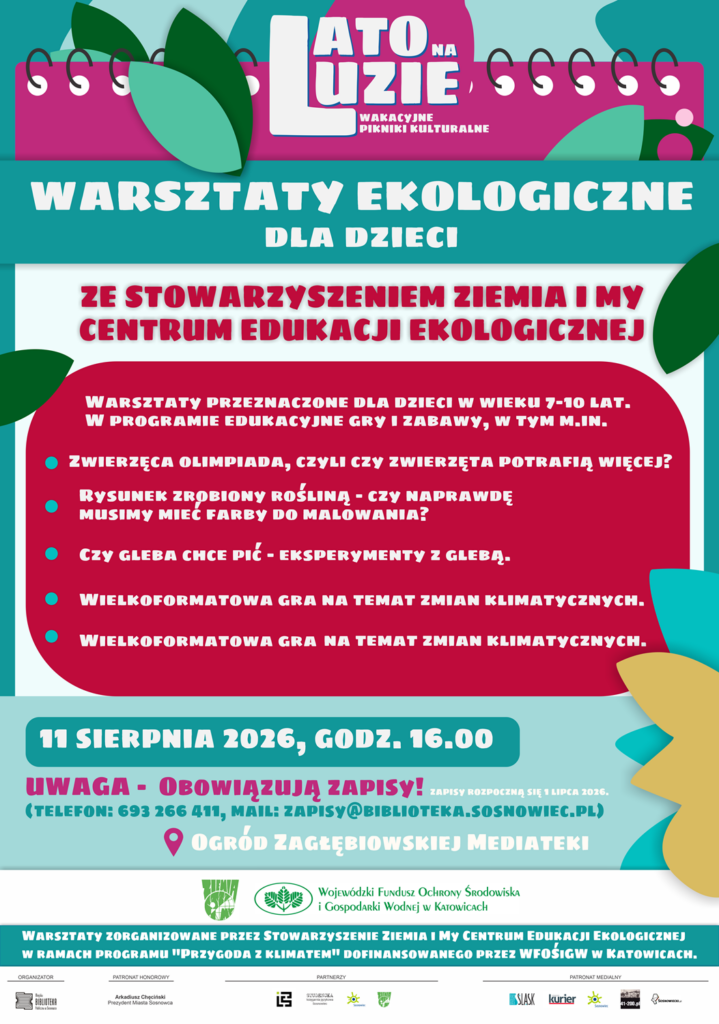 Plakat wykonany z kolorowych kształtów (róż, czerwień, turkus itd.) stanowiących tło dla białych napisów zgodnych z opisem wydarzenia.
