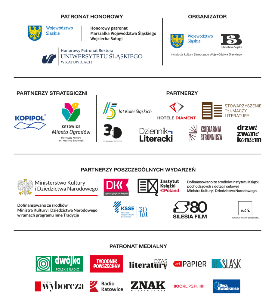 Cała pionowa grafika z białym tłem wypełniona jest logami ułożonymi w sekcjach: patronat honorowy, organizator, partnerzy strategiczni, partnerzy, partnerzy poszczególnych wydarzeń, patronat medialny.