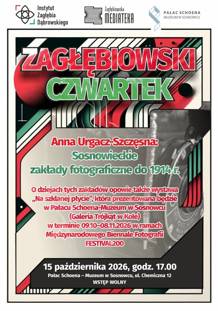 Plakat - tło kształty (nieregularne oraz paski) w kolorach: białym, czerwonym, zielonym, czarnym. Większość kształtów ma czarną obramówkę. Paski są zwykle ułożone równolegle, przylegając do siebie. Na środku plakatu szarawy kształt, na którym wstawiono napisy w kolorach: czerwonym, zielonym (litery mają biały obrys). Teksty zgodne z opisem wydarzenia. U góry napis pisany dużym fontem i wersalikami: ZAGŁĘBIOWSKI CZWARTEK.