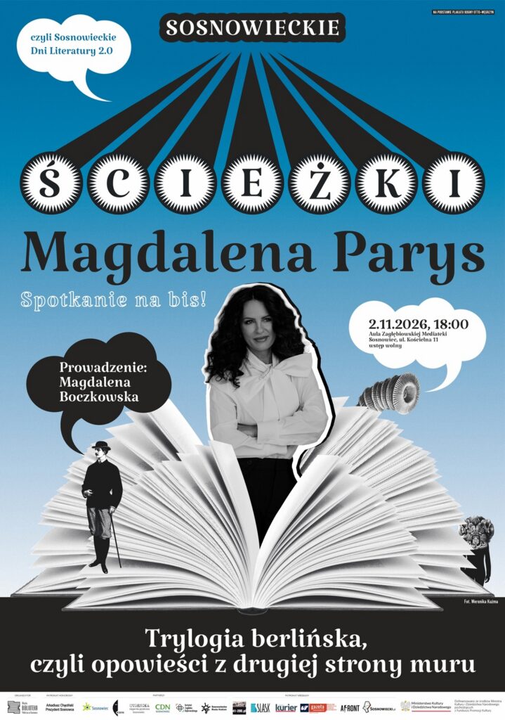 Plakat - tło cieniowane od niebieskiego u góry do białego u dołu. Na tym tlw kolaż z czarnobiałych zdjęć 9książka, wystająca z ksiażki postać kobiety czarnowłosej, obok mniejsza postać mężczyzny w stylu retro. Poza tym teksty zgodne z opisem wydarzenia.